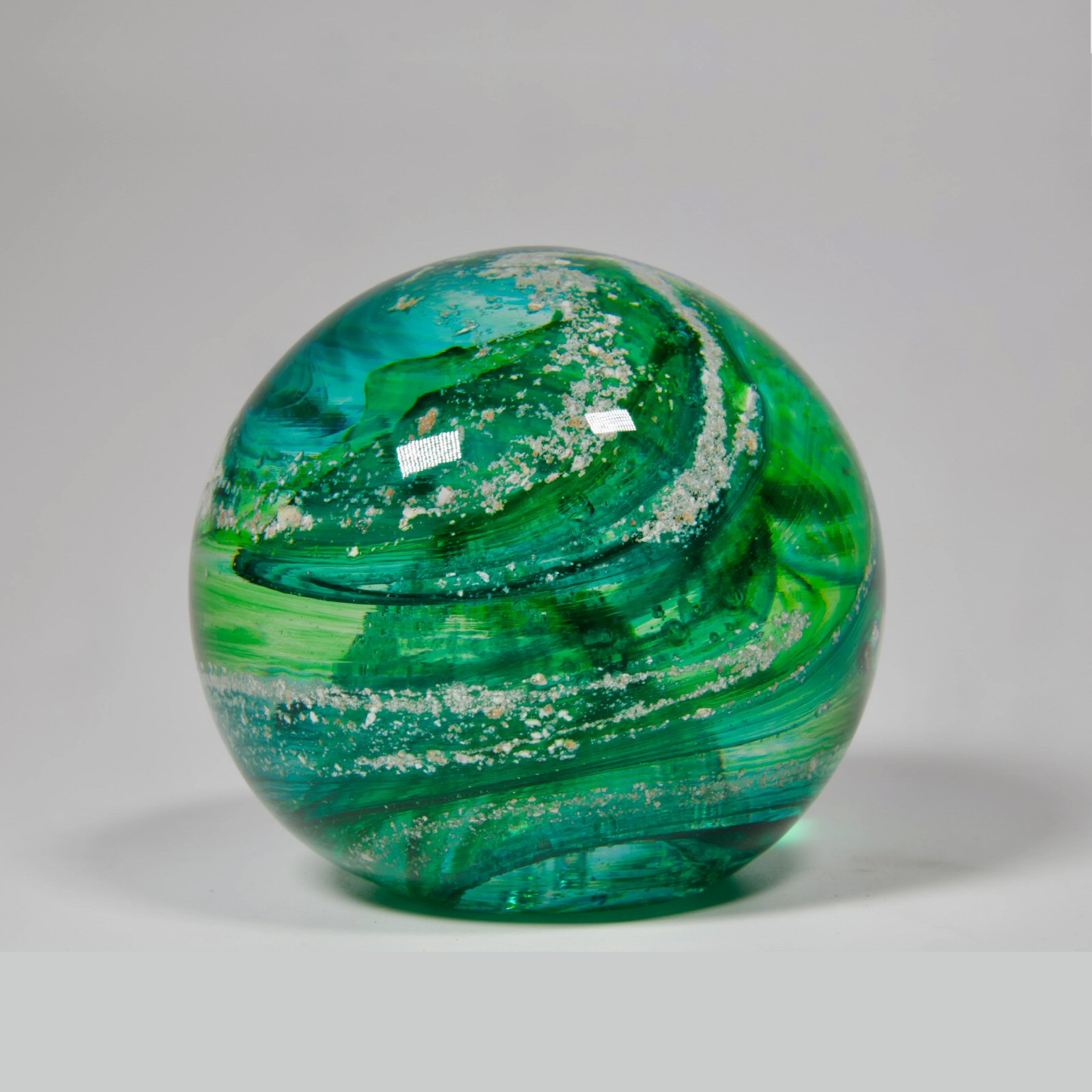 Hand Blown Glass Cremation Ashes into Round Glass Paperweight